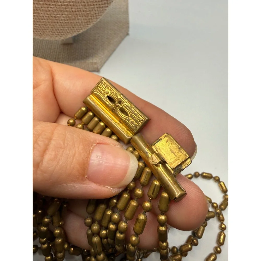 Vintage Multi Strand Brass Bead Necklace 5 Tier Layered Barrel Ball Chain 16in